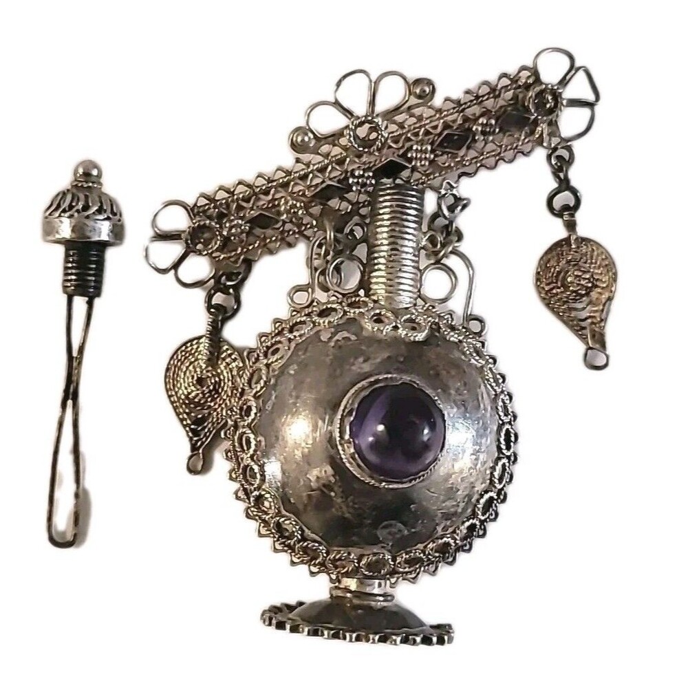 VTG Perfume Bottle Pin 950 Pure Silver Sterling Filigree Brooch Amethyst